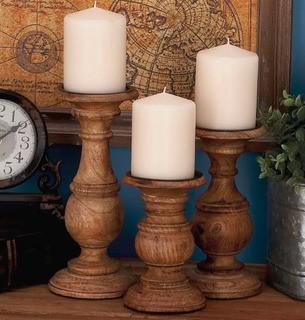 3 Piece Wooden Candlestick Set Distressed Brown
