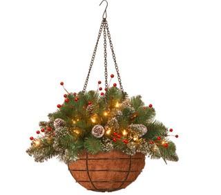 20 in. Glittery Mountain Spruce Hanging Basket with Battery Operated Warm White LED Lights