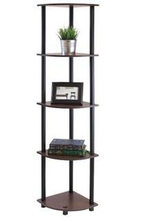 Furinno 99811DB-WG/BK Turn N Tube 5-Tier Corner Display Rack Multipurpose Shelving Unit, Dark Brown Grain/Black
