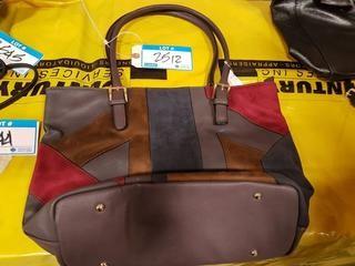 Ladies Leather/Cloth Handbag - Dk. Brown/Multi Color - "AS-is" - Zipper