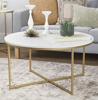 Walker Edison 36" Coffee Table with X-Base, Marble/Gold