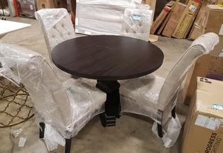 Dark Brown 48" Round Dining Room Table with 4 Upholstered Chairs