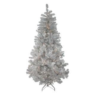 North Light Pre-Lit Tinsel 6.5' Silver Metallic Pine Artificial Christmas Tree with Clear Lights (CL434417-Silver)
