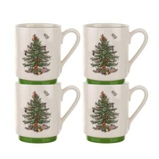 Set of (4) Spode Christmas Tree Stacking Coffee Mugs and Plates (SPD2275)