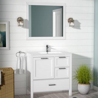 Positano 36" White Ceramic Top w/Integrated Ceramic Sink, Matching Mirror, Glass Shelf, Faucet