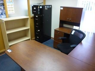 U-Shaped Office Desk, 5 drawer filing cabinet, Chair And Book Case