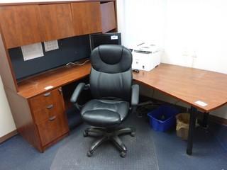 L-Shape Office Desk, Chair, Credenza With Book Case And 2-Drawer Filing Cabinet