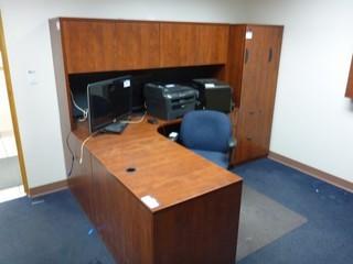 L-Shape Office Desk With Credenza, Chair, Cabinet And Table