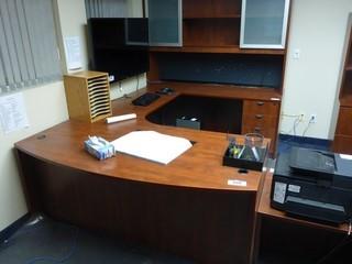 Cherry U-Shape Executive Desk With Credenza, 2 Filing Cabinets With Shelves, 6' Table And Side Table