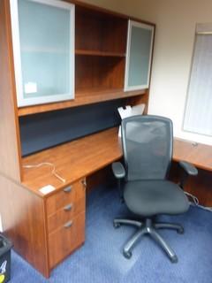 Cherry U-Shaped Executive Desk, Comes With Office Chair, 3 Filing Cabinets With Shelves, Credenza, 2 Extra Cherry Coloured Desks