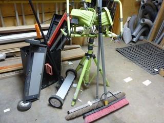 Lot of Job Tools, 2 Brooms, Lights and Stand, Magnetic Brooms, Saw Horse, etc. 