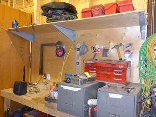 Contents of Shop Table Top and Upper Shelf With Miscellaneous Supplies and Tools. Comes With Tool Box