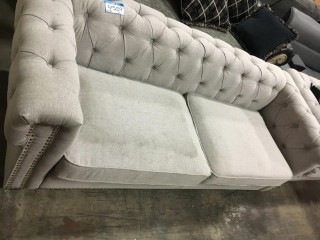Light Grey Fabric Nailhead Sofa, Dirty Cushions 