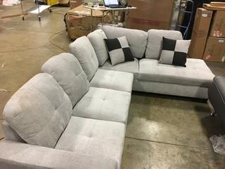 Light Grey Fabric Sectional With 2 Throw Pillows, Dirty 