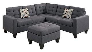 Poundex F6935 Bobkona Norton Linen-Like 4 Piece Sectional with Ottoman Set - Dark Grey