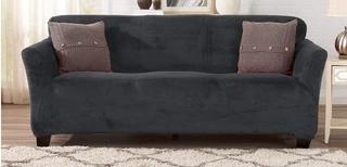 Modern Velvet Plush Strapless Slipcover. Form Fit Stretch, Stylish Furniture Cover/Protector. Gale Collection by Great Bay Home Brand. (Sofa, Dark Grey)