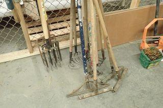 Lot of 6 Asst. Cultivators, 4 Rakes, and 4 Garden Forks. 