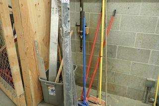 Lot of Asst. Push Brooms, Crow Bars, Long Handle Tree Pruners, Tooth Saws, Shovel Heads, etc.