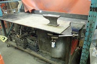 Mobile Steel 96"x38" Work Bench w/ Gray 8" Vice, Anvil, Metal Storage Cabinet w/Contents, etc.