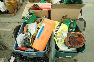 Lot of Asst. Hard Hats, Safety Flags, Safety Vests, Respirators, Fire Blanket, Stop Signs, etc. 