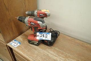 Lot of 2 Skil Xdrive 18V Cordless Drills w/ 1 Charger and Angle Grinder.