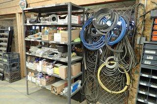 Lot of Metal Shelving Unit w/ Contents Including Lights, Fan, Door Trim, Air Hose, Electrical Cord, etc.