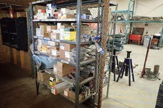 Lot of Metal Shelving Unit w/ Contents Including Brake Pads, Air Filters, Oil Filters, etc.