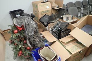 Lot of Asst. Office Supplies, Hanging Folders, Christmas Decoration, Plastic Inboxes, Binders, Clipboards, Waste Baskets, etc. 