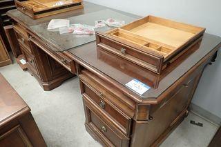 Double Pedestal Desk w/ Glass Top and 2-Drawer File Cabinet w/ Glass Top.