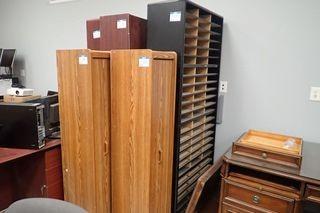 Lot of 2 Enclosed Storage Cabinets, 2  Bookcases, 2-Drawer File Cabinet, and Mail Slot Cabinet. 