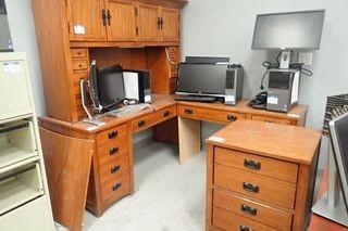 L-Shaped Wooden Desk w/ Overhead and 2-Drawer File Cabinet. 