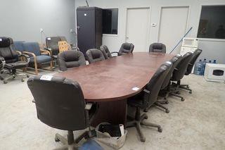 Lot of 12'x4' Boardroom Table and 10 Task Chairs. 