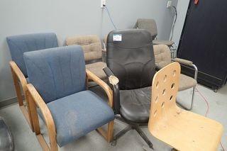 Lot of 5 Asst. Side Chairs, 4 Task Chairs, Wooden Stool and 7 Stacking Chairs. 