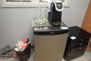 Lot of Danby Bar Fridge, Keurig Coffee Maker and Coffee Caddy. 