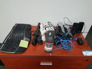 Lot misc items - keyboard, computer speakers, power bars, etc.