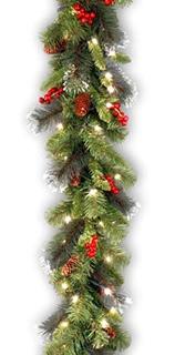 National Tree 9 Foot by 10 Inch Crestwood Spruce Garland with Silver Bristle, Cones, Red Berries and 50 Clear Lights (CW7-306-9A-1)