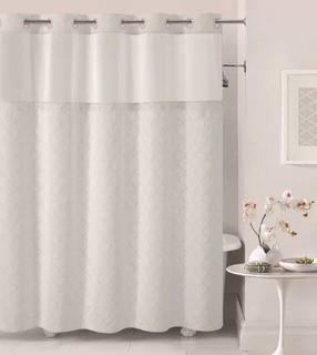 Hookless Mosaic Shower Curtain with Snap-On Liner, White