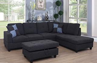 Beverly Fine Furniture F125B Right Facing Linen Russes Sectional Sofa Set with Ottoman Dark Grey