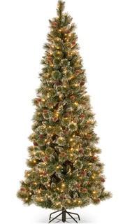 6.5 foot Glittery Bristle Pine Slim Tree: LEDs w/ C7 Diamond Caps