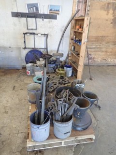 Misc Metals, Flanges, Gaskets, Fittings, (2) Stools, Wood Shelving W/ Contents