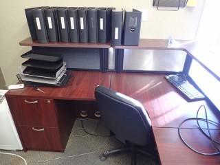 L-Shaped Office Reception Desk C/W Rolling Office Chair, Misc Contents