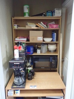 Coffee Machine, Microwave, Wood Shelving C/W Contents