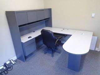 U-Shaped (2) Drawer Office Desk W/ Overhead Cabinets, Rolling Office Chair W/ Contents