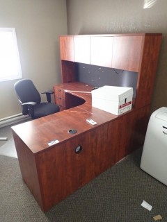 L-Shaped (6) Drawer Office Desk W/ Overhead Cabinets C/W Rolling Office Chair, Contents