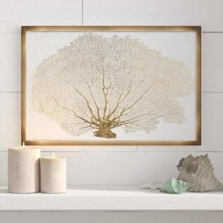 Gold Coral Fan Nautical Framed Graphic Art on Canvas