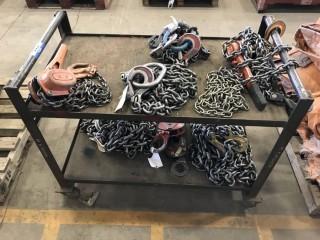 Qty Of (5) Lifting Chains, (2) Plate Clamps, (2) Come-A-longs C/W Cart