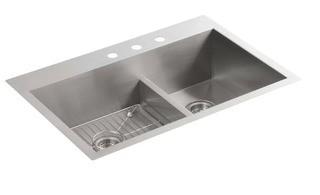 Kohler Vault 33" L x 22" W x 9-5/16" Smart Divide Top-Mount/Under-Mount Large/Medium Double-Bowl Kitchen Sink with 3 Faucet Holes