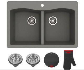 Kraus Forteza All-in-One Drop-In/Undermount Granite Composite 33 in. 1-Hole 50/50 Double Bowl Kitchen Sink in Grey