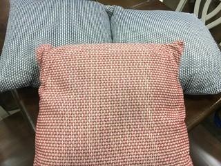 (3) Throw Pillows, 2 Blue, 1 Red 21x21"