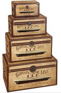 Grand Star Line Transatlantic Wood Trunk (Set of 3)